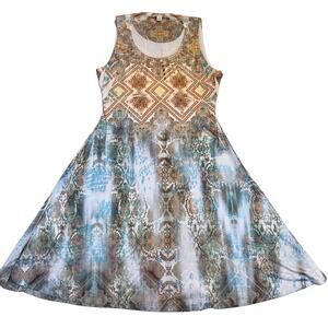 World Unity Sleeveless Scoop Neck BOHO Print Mini Dress w/ Metal Stud Embellish